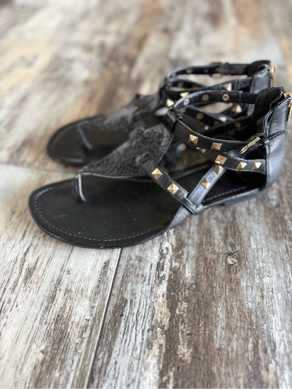 2 for $30 sale: Isola Melara t-strap Black Studded Gladiator Thong Sandals